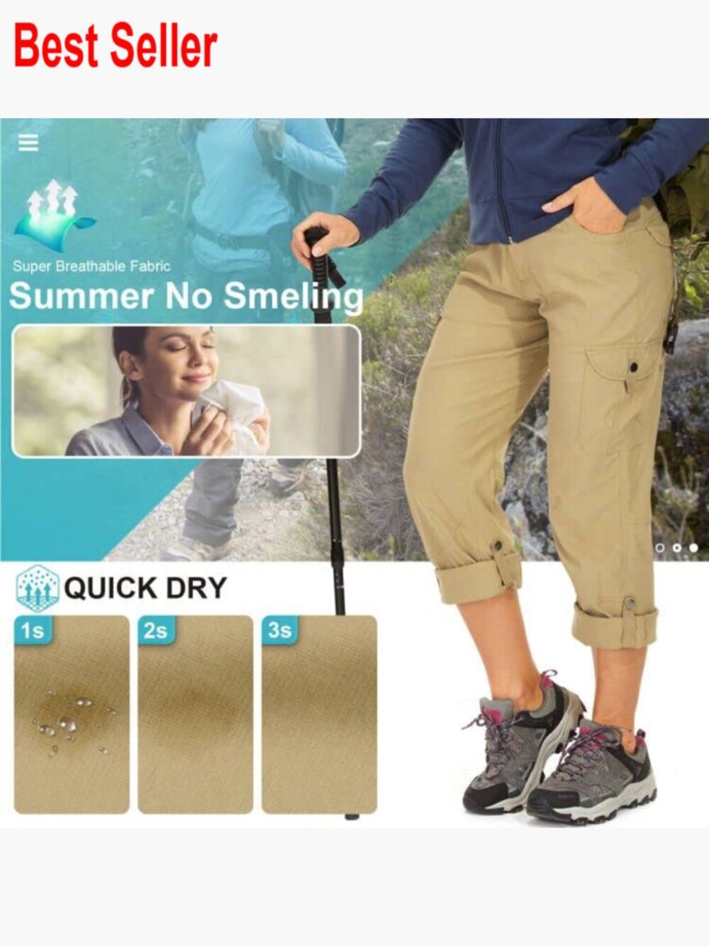 Convertible Hiking Cargo Pants Quick Dry UPF50+ Waterproof Capri - Picture 5 of 7